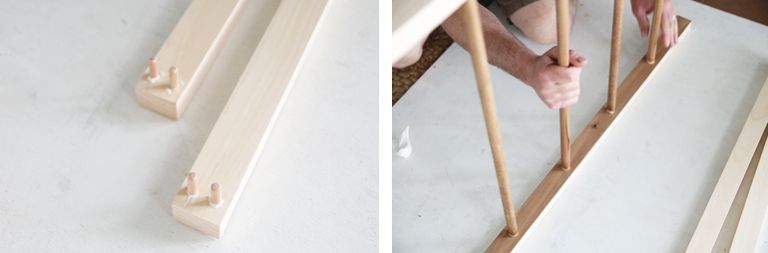 wood slat with dowel pins glued in, wood dowel being glued into wood slat