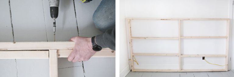 screwing wood frame pieces together and wood frame against white wall