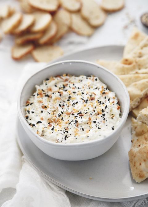 bowl of whipped feta goat cheese everything bagel dip