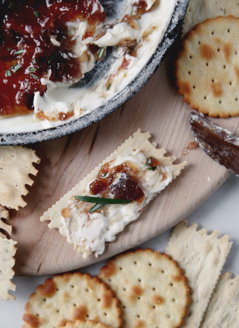 flatbread cracker with goat cheese fig jam appetizer spread on top
