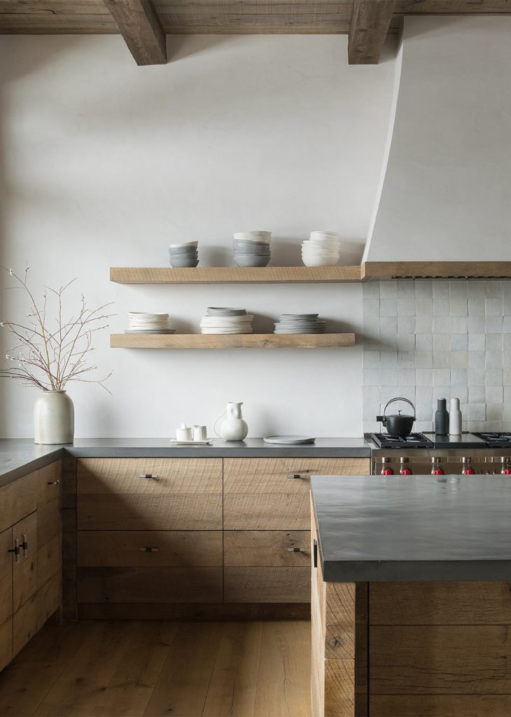 wood shelves and wood cabinets in kitchen